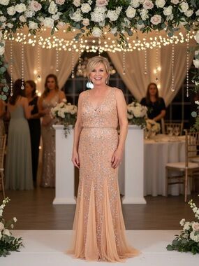 Primavera Couture Peach Sequin V-Neck Maxi Gown